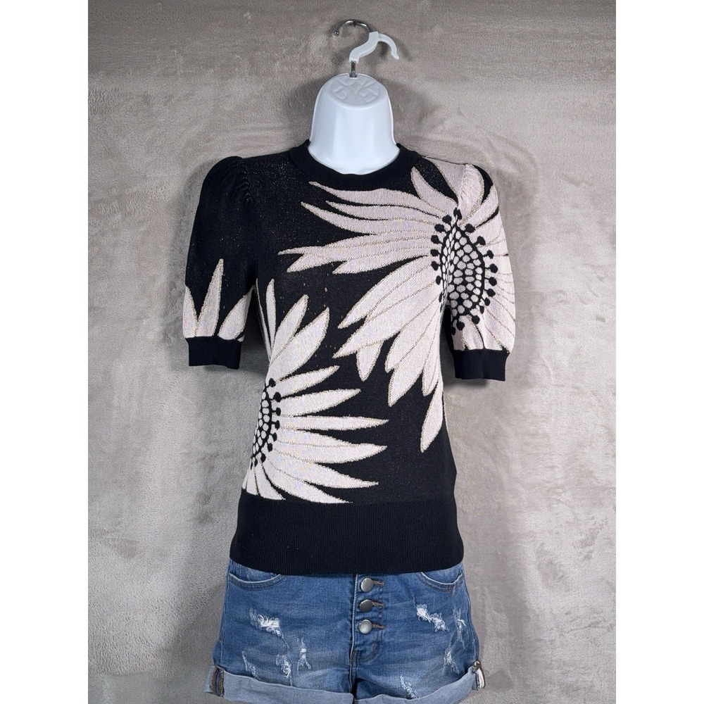 Kate Spade New York Top Womens Size XS Black Floral Puff‎ Sleeve Knit Top